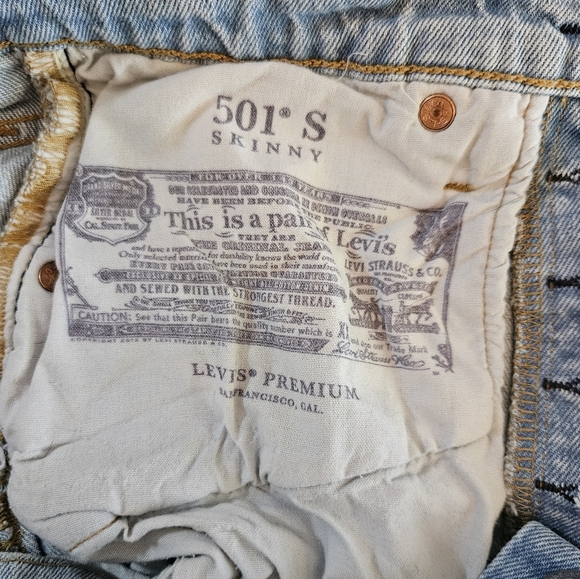 LEVI'S 501 S Skinny Women's 24x28 Distressed Light Wash Denim Button Jeans - Picture 11 of 15